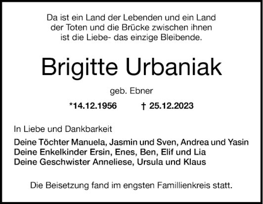  Traueranzeige für Brigitte Urbaniak vom 20.01.2024 aus Mannheimer Morgen