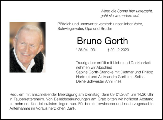 Traueranzeige von Bruno Gorth von Fränkische Nachrichten
