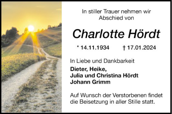 Traueranzeige von Charlotte Hördt von Mannheimer Morgen