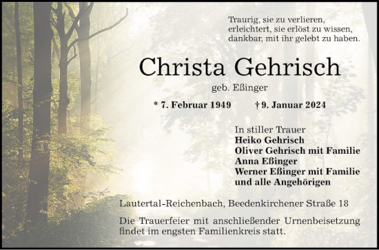 Traueranzeige von Christa Gehrisch von Bergsträßer Anzeiger