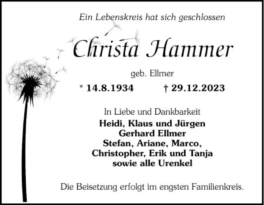  Traueranzeige für Christa Hammer vom 13.01.2024 aus Mannheimer Morgen