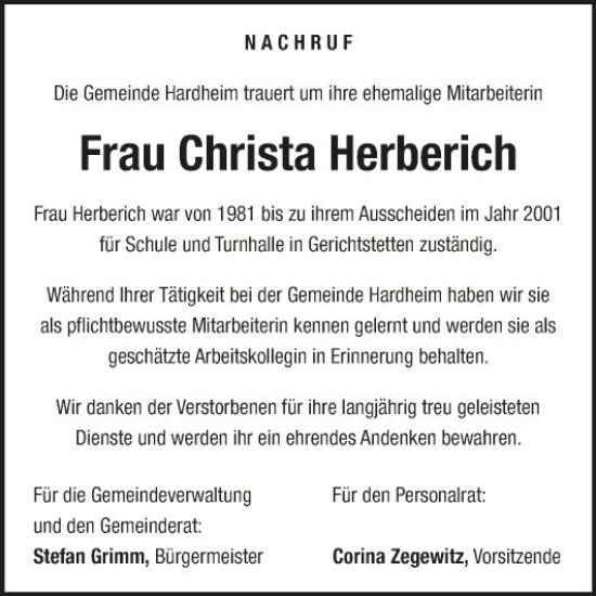 Traueranzeige von Christa Herberich von Fränkische Nachrichten