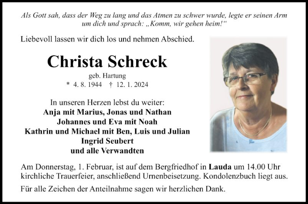  Traueranzeige für Christa Schreck vom 26.01.2024 aus Fränkische Nachrichten