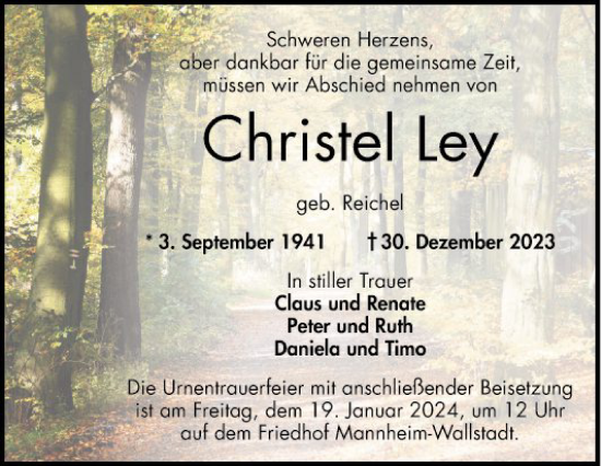 Traueranzeige von Christel Ley von Mannheimer Morgen