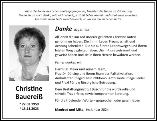 Traueranzeige von Christine Bauereiß von Fränkische Nachrichten