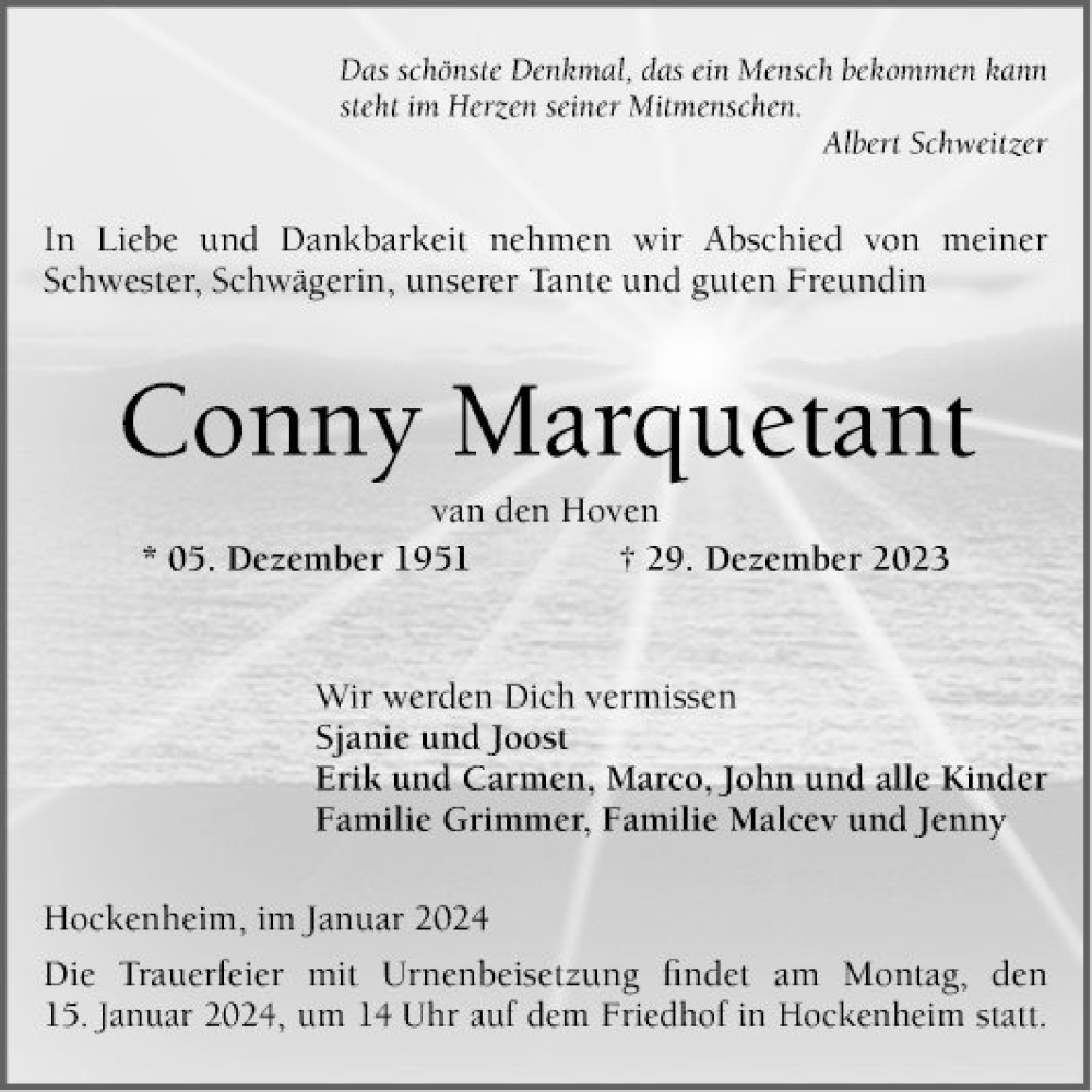  Traueranzeige für Conny Marquetant vom 05.01.2024 aus Schwetzinger Zeitung
