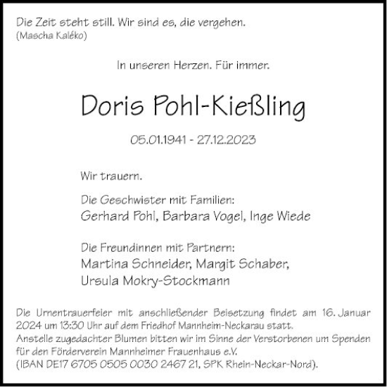 Traueranzeige von Doris Pohl-Kießling von Mannheimer Morgen