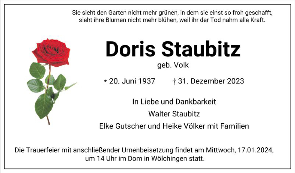  Traueranzeige für Doris Staubitz vom 13.01.2024 aus Fränkische Nachrichten