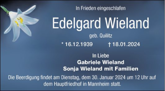 Traueranzeige von Edelgard Wieland von Mannheimer Morgen