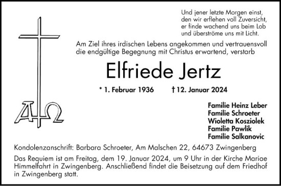 Traueranzeige von Elfriede Jertz von Bergsträßer Anzeiger
