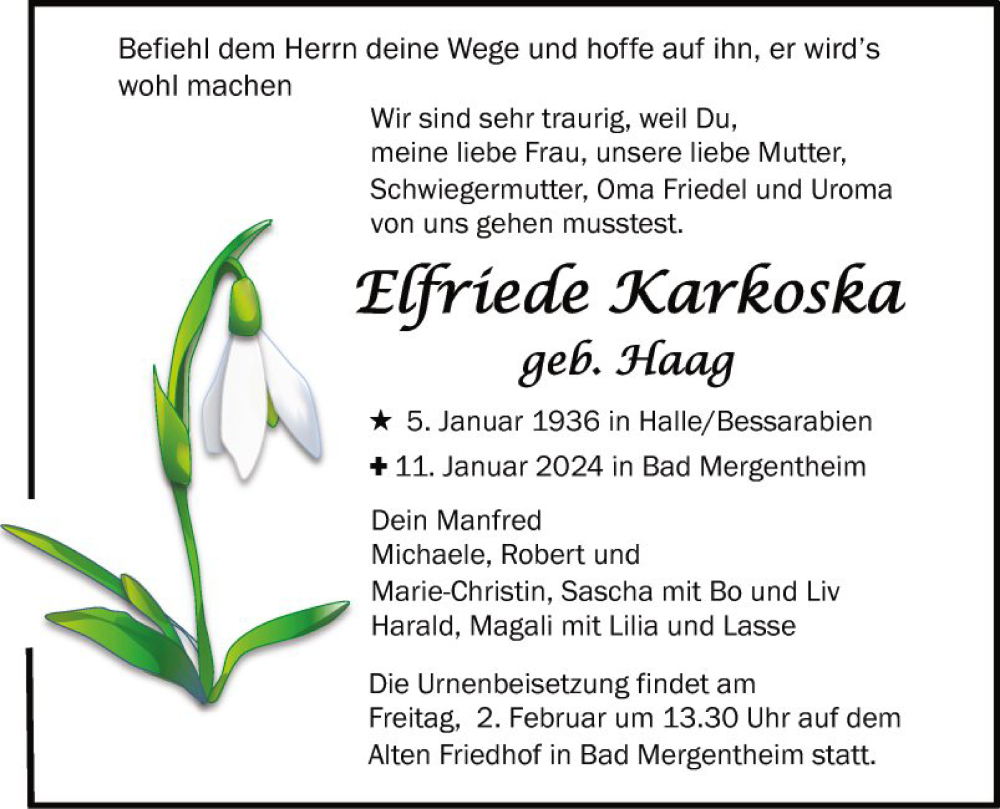  Traueranzeige für Elfriede Karkoska vom 30.01.2024 aus Fränkische Nachrichten