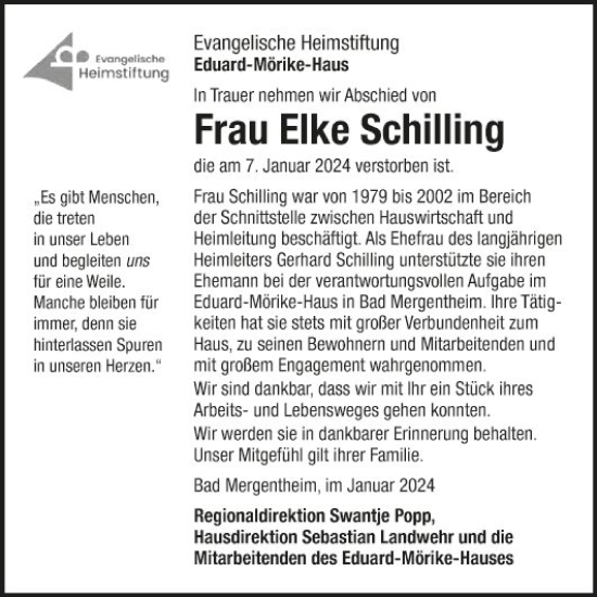 Traueranzeige von Elke Schilling von Fränkische Nachrichten