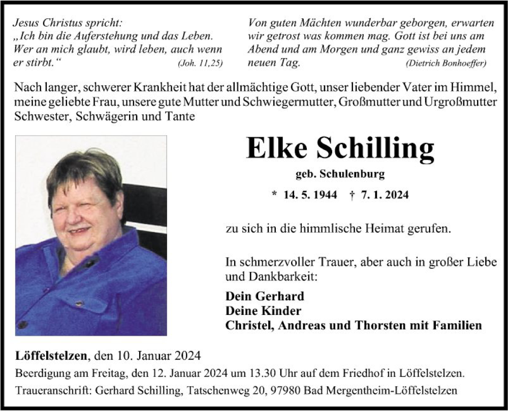  Traueranzeige für Elke Schilling vom 10.01.2024 aus Fränkische Nachrichten