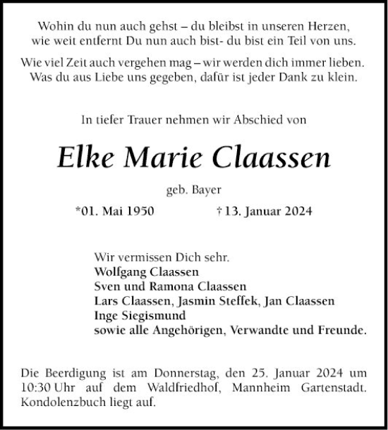 Traueranzeige von Elke Marie Claassen von Mannheimer Morgen