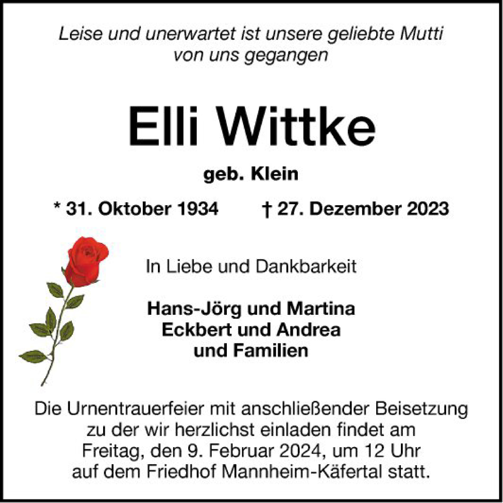  Traueranzeige für Elli Wittke vom 13.01.2024 aus Mannheimer Morgen