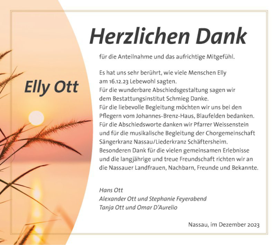 Traueranzeige von Elly Ott von Fränkische Nachrichten