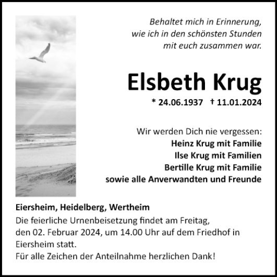 Traueranzeige von Elsbeth Krug von Fränkische Nachrichten