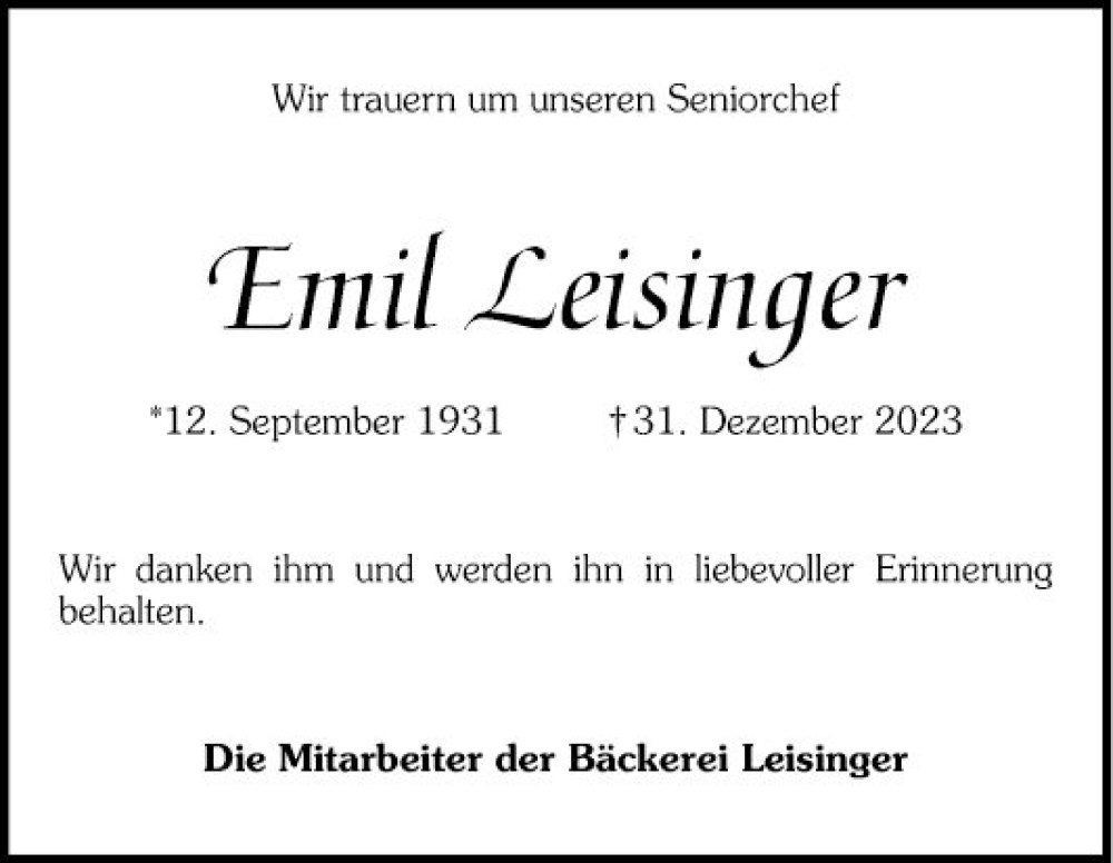  Traueranzeige für Emil Leisinger vom 13.01.2024 aus Schwetzinger Zeitung