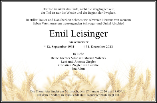 Traueranzeige von Emil Leisinger von Schwetzinger Zeitung
