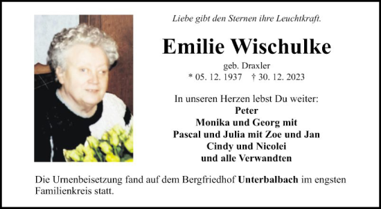 Traueranzeige von Emilie Wischulke von Fränkische Nachrichten