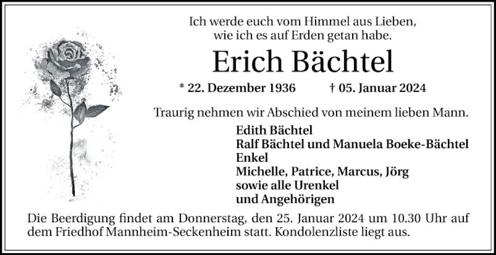  Traueranzeige für Erich Bächtel vom 20.01.2024 aus Mannheimer Morgen