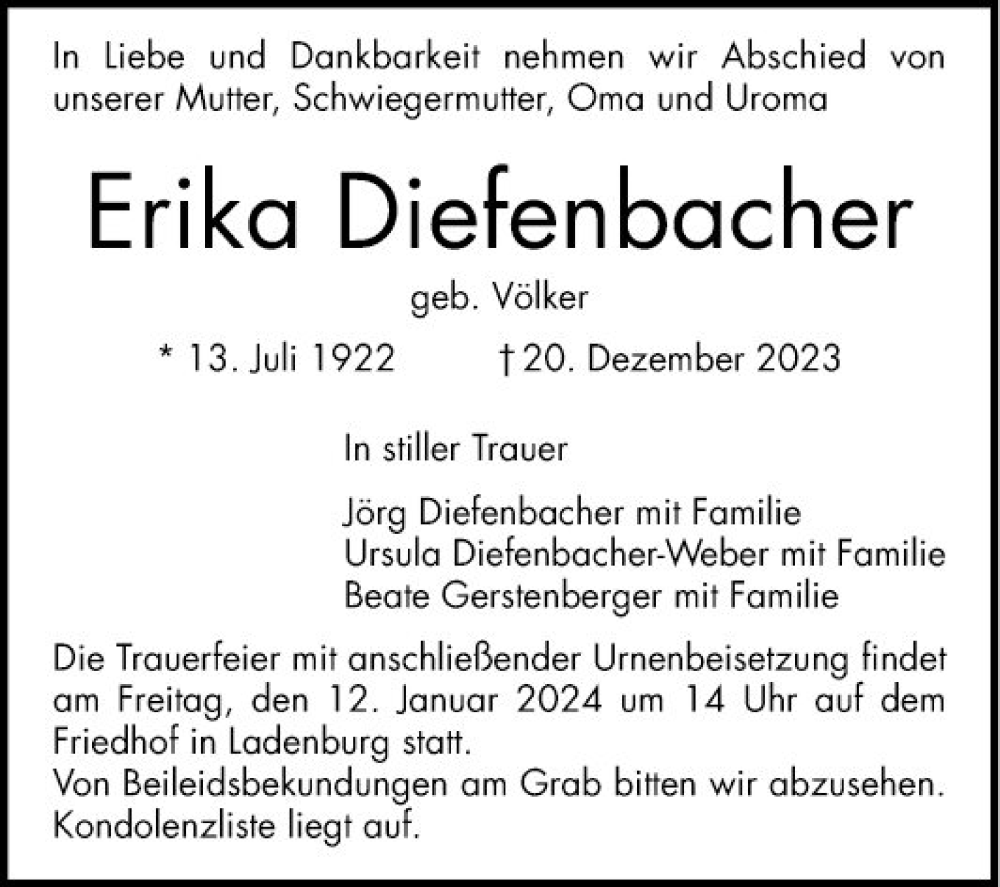  Traueranzeige für Erika Diefenbacher vom 05.01.2024 aus Mannheimer Morgen