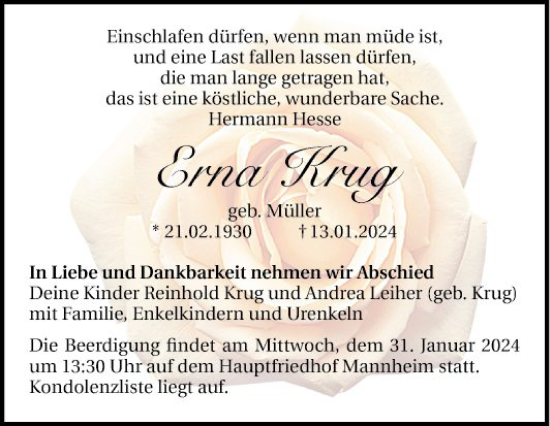 Traueranzeige von Erna Krug von Mannheimer Morgen