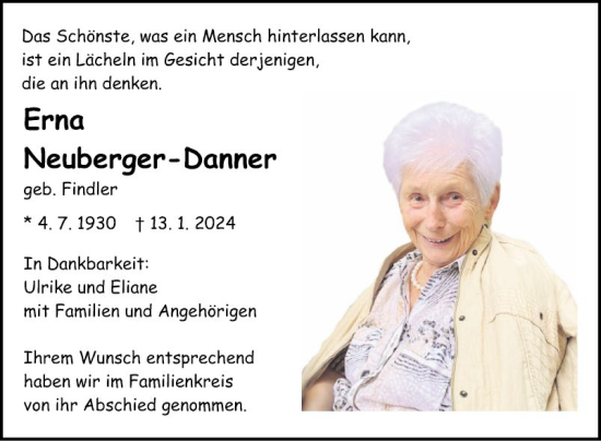 Traueranzeige von Erna Neuberger-Danner von Fränkische Nachrichten