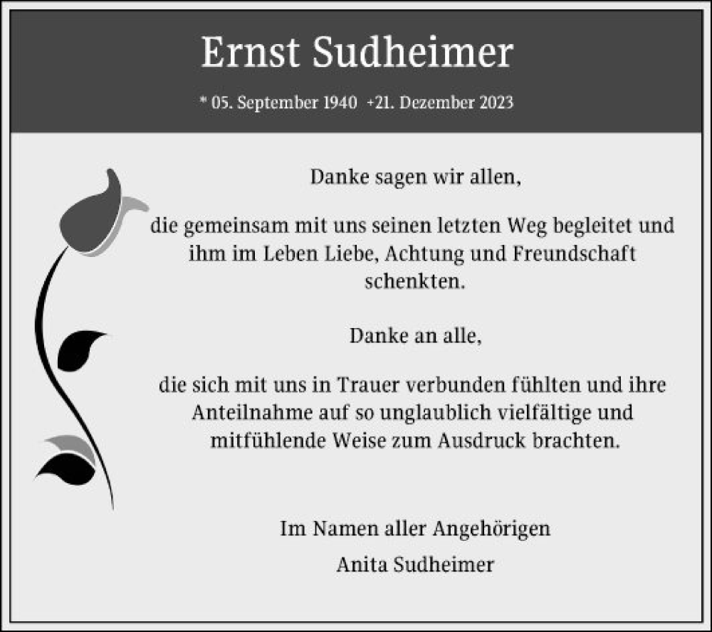  Traueranzeige für Ernst Sudheimer vom 27.01.2024 aus Bergsträßer Anzeiger