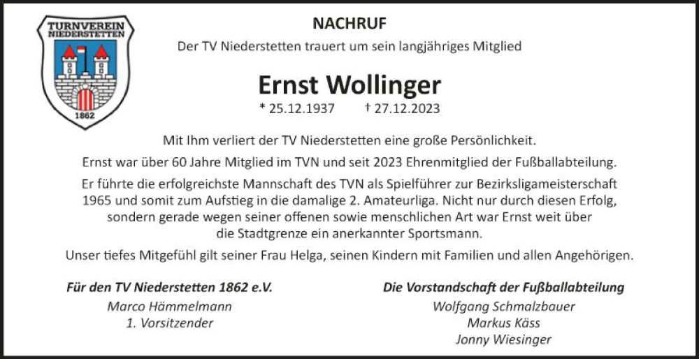  Traueranzeige für Ernst Wollinger vom 08.01.2024 aus Fränkische Nachrichten