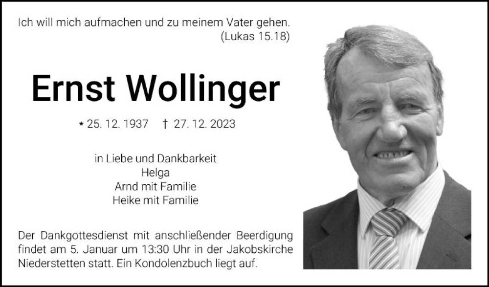  Traueranzeige für Ernst Wollinger vom 03.01.2024 aus Fränkische Nachrichten