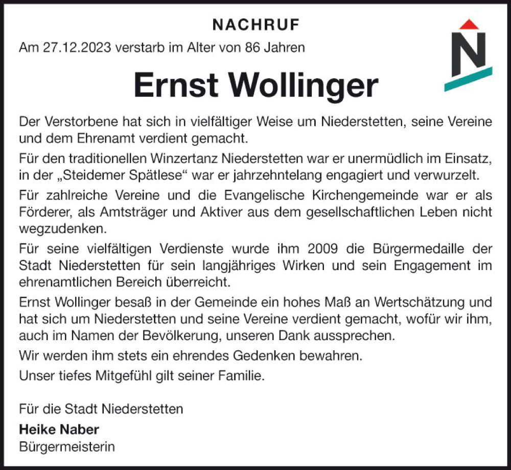  Traueranzeige für Ernst Wollinger vom 03.01.2024 aus Fränkische Nachrichten