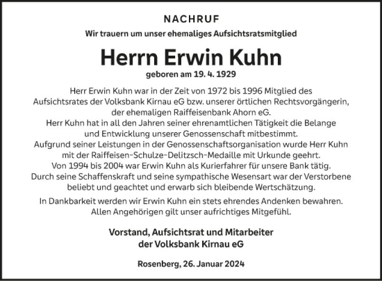 Traueranzeige von Erwin Kuhn von Fränkische Nachrichten