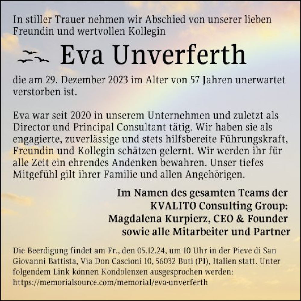  Traueranzeige für Eva Unverferth vom 04.01.2024 aus Mannheimer Morgen