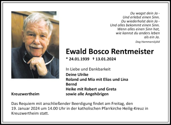 Traueranzeige von Ewald Bosco Rentmeister von Fränkische Nachrichten