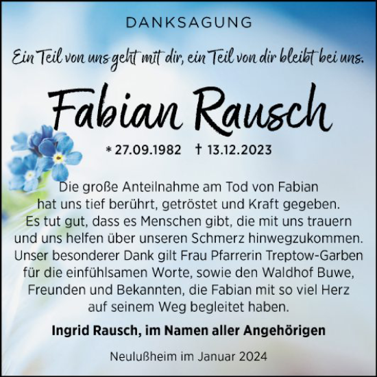 Traueranzeige von Fabian Rausch von Schwetzinger Zeitung