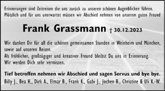 Traueranzeige von Frank Grossmann von Mannheimer Morgen