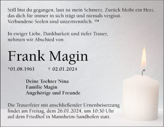 Traueranzeige von Frank Magin von Mannheimer Morgen