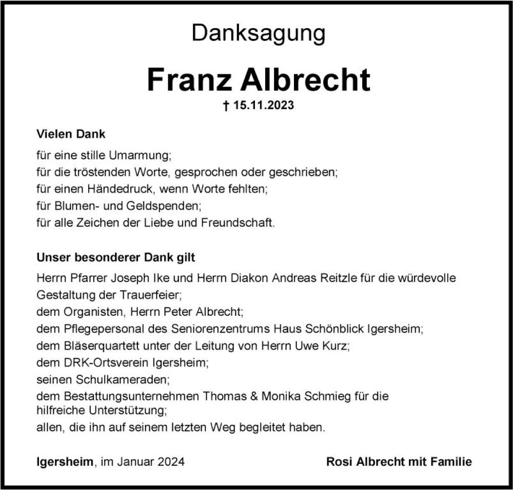  Traueranzeige für Franz Albrecht vom 13.01.2024 aus Fränkische Nachrichten