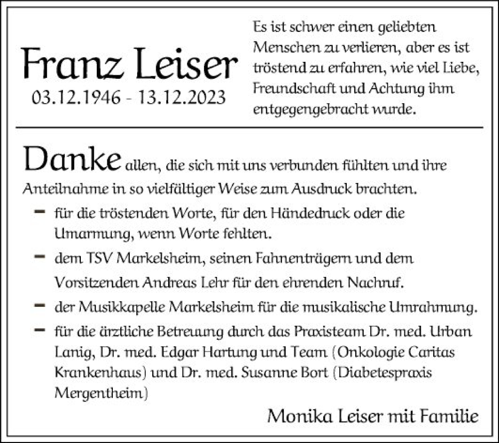  Traueranzeige für Franz Leiser vom 13.01.2024 aus Fränkische Nachrichten