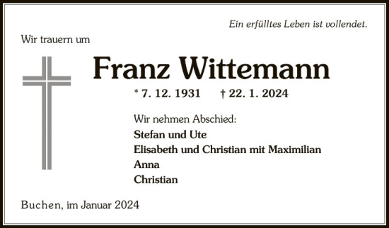 Traueranzeige von Franz Wittemann von Fränkische Nachrichten