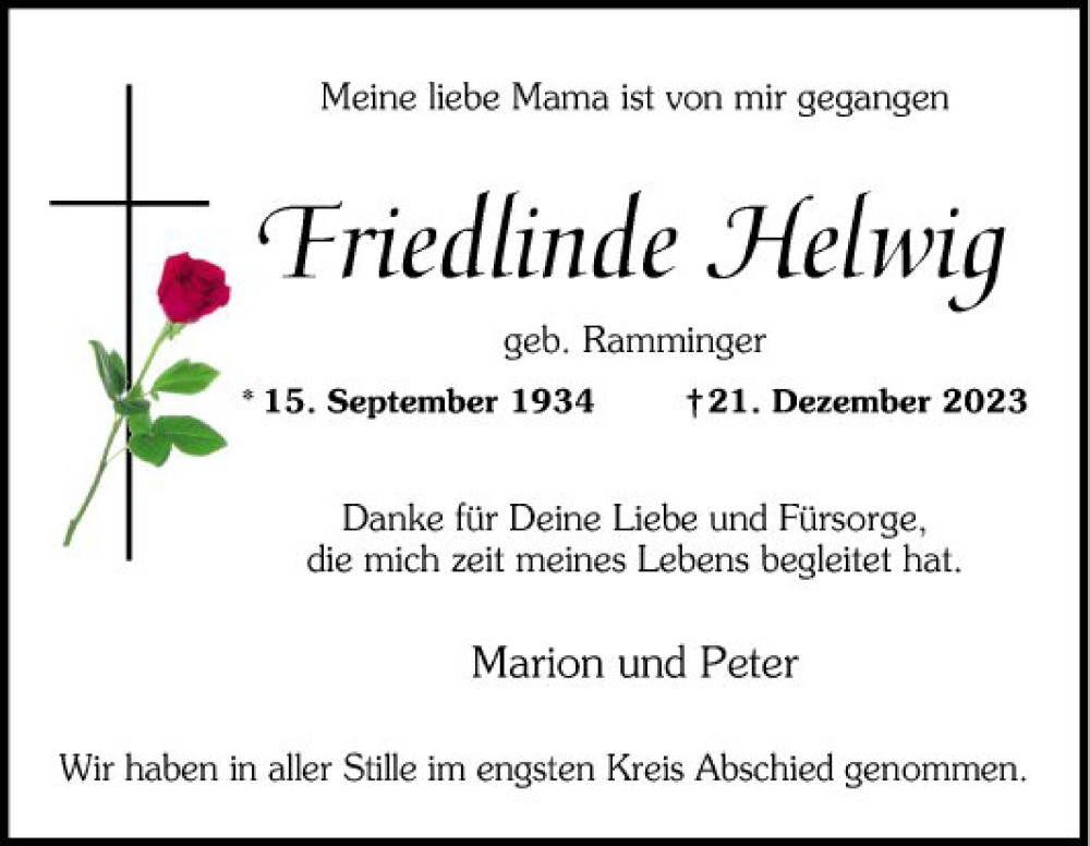  Traueranzeige für Friedlinde Helwig vom 13.01.2024 aus Mannheimer Morgen