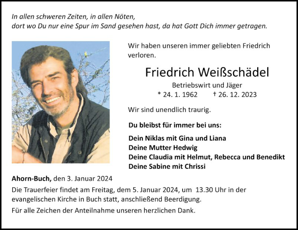  Traueranzeige für Friedrich Weißschädel vom 03.01.2024 aus Fränkische Nachrichten