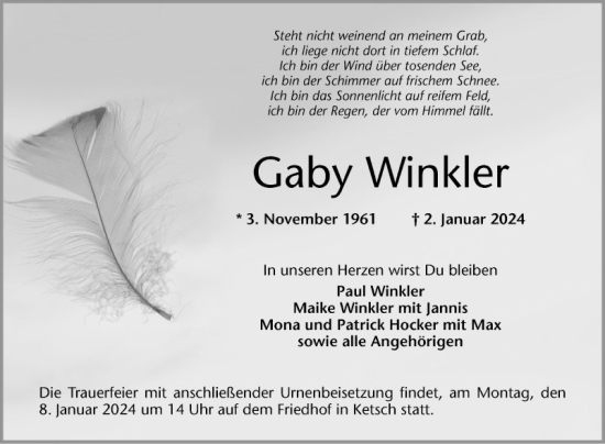 Traueranzeige von Gaby Winkler von Schwetzinger Zeitung