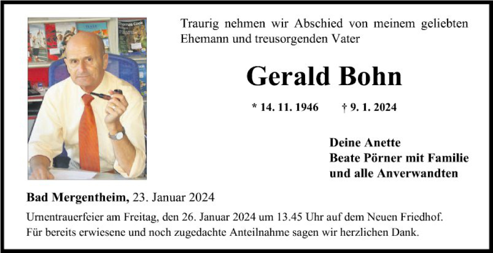  Traueranzeige für Gerald Bohn vom 23.01.2024 aus Fränkische Nachrichten