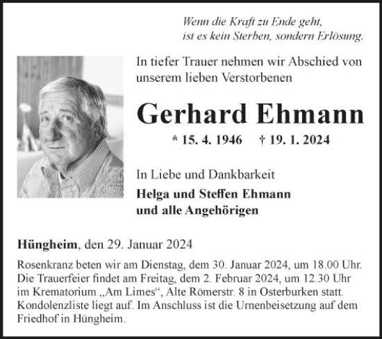 Traueranzeige von Gerhard Ehmann von Fränkische Nachrichten