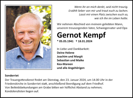 Traueranzeige von Gernot Kempf von Fränkische Nachrichten