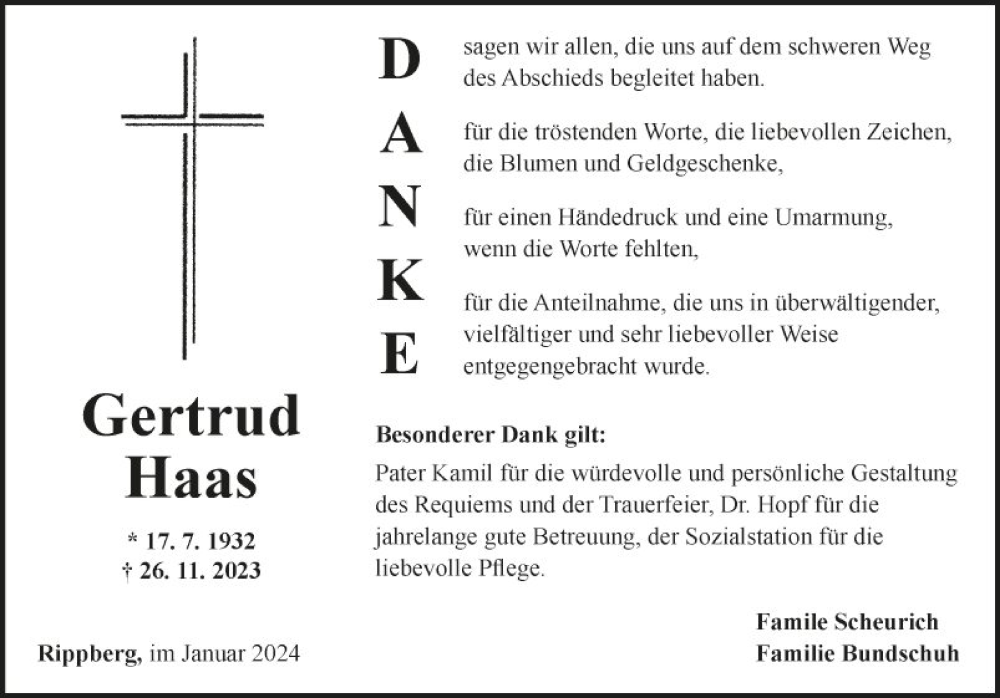  Traueranzeige für Gertrud Haas vom 20.01.2024 aus Fränkische Nachrichten