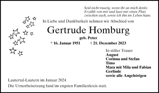 Traueranzeige von Gertrude Homburg von Bergsträßer Anzeiger