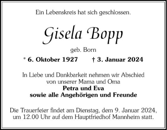 Traueranzeige von Gisela Bopp von Mannheimer Morgen